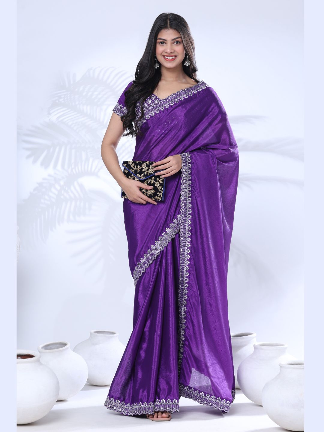 Chinon Embroidery Sequence Lace Border Saree