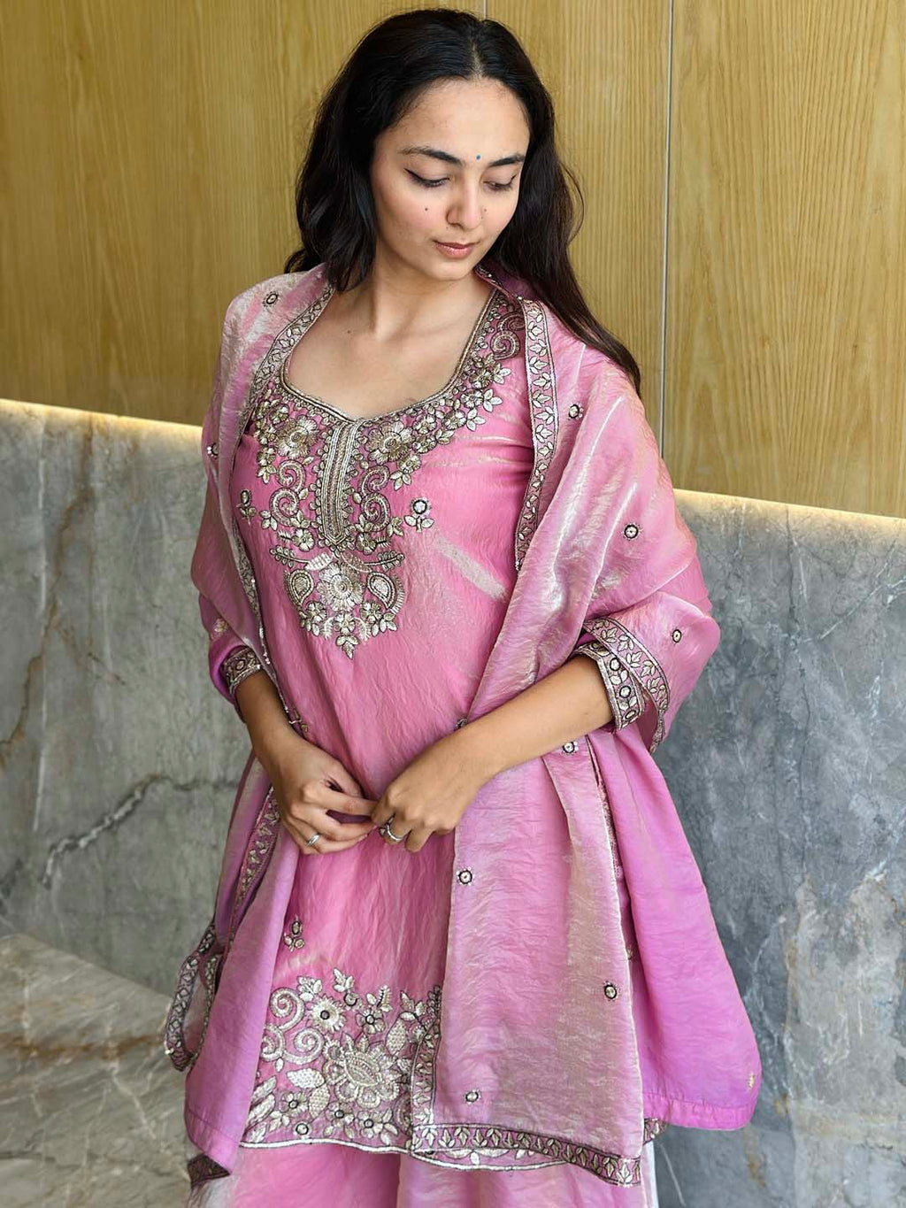 Elegant Satin 3-Piece Kurta Palazzo & Dupatta Set