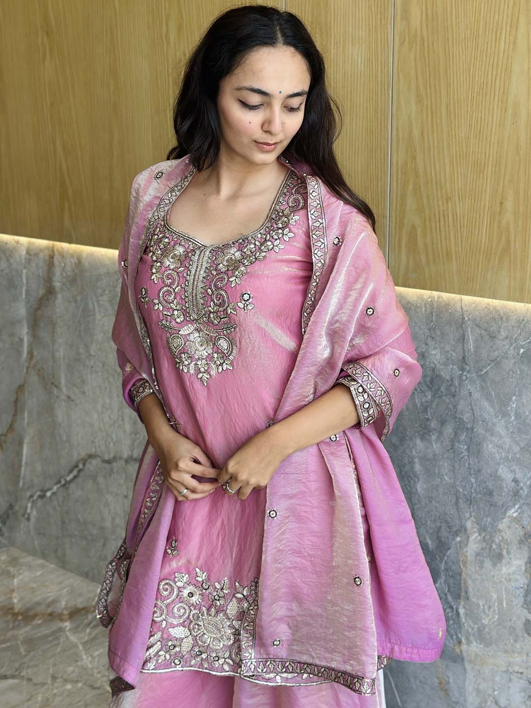 Elegant Satin 3-Piece Kurta Palazzo & Dupatta Set