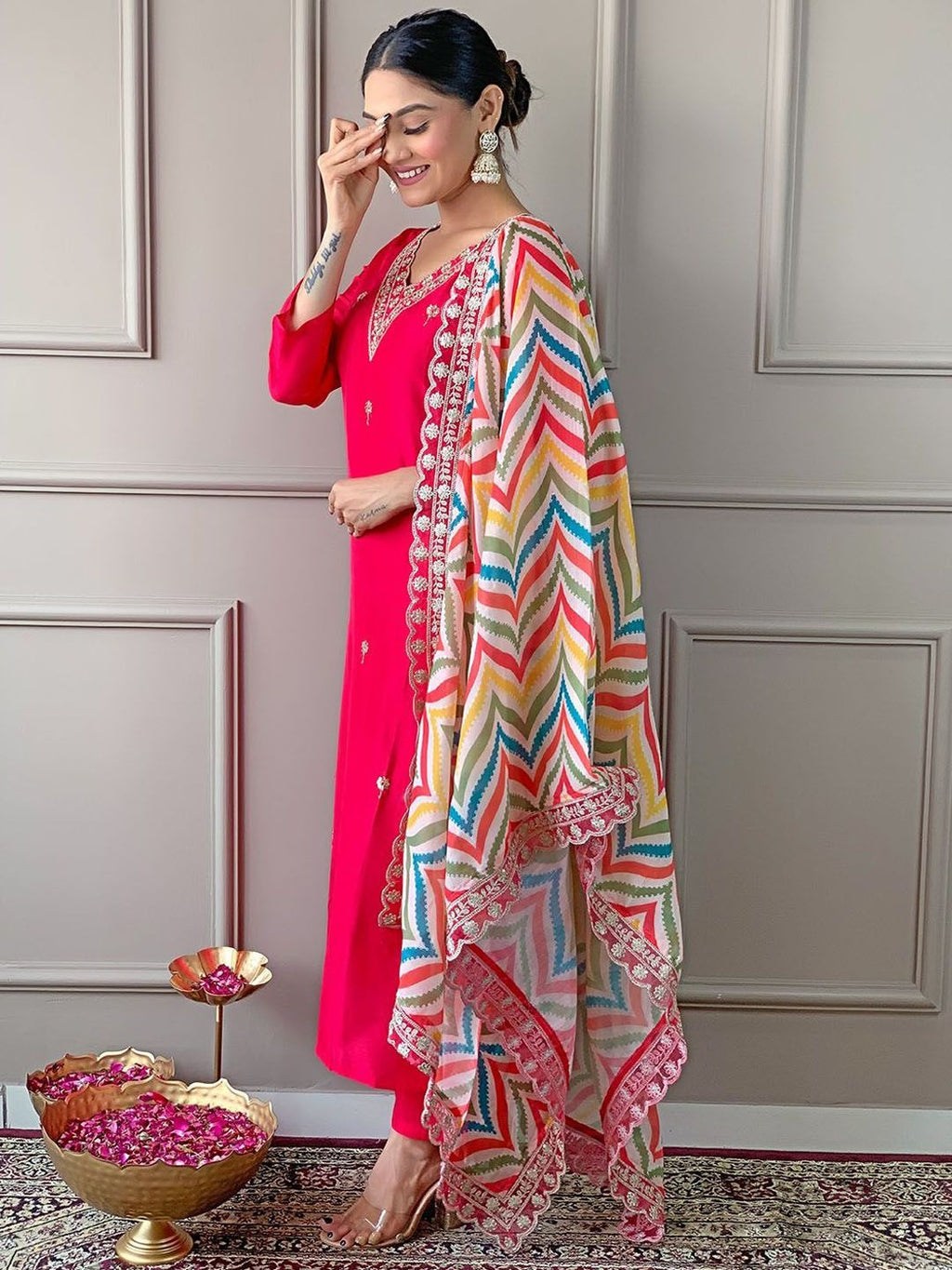 Roman Silk  Embroidered Kurta With Pant Dupatta Set