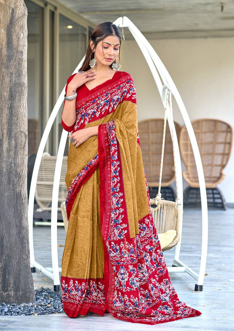 Hand Batik Printed Mulmul Cotton Saree for Woman