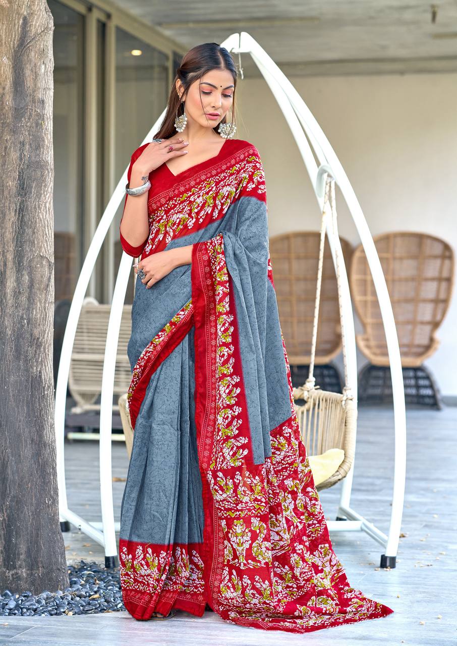 Hand Batik Printed Mulmul Cotton Saree for Woman