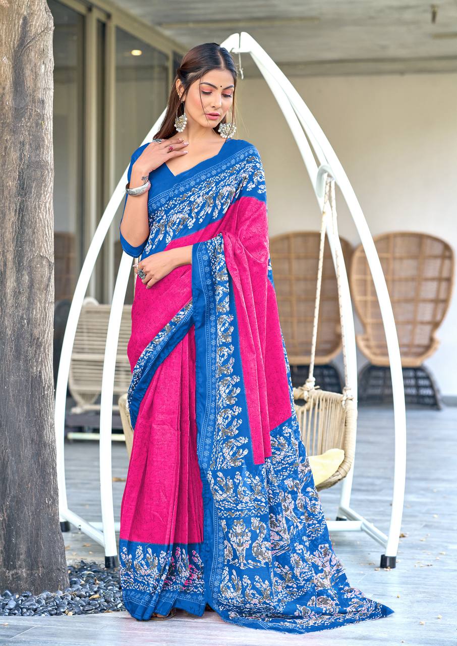 Hand Batik Printed Mulmul Cotton Saree for Woman