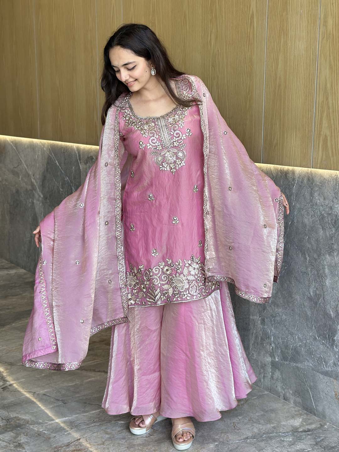 Elegant Satin 3-Piece Kurta Palazzo & Dupatta Set