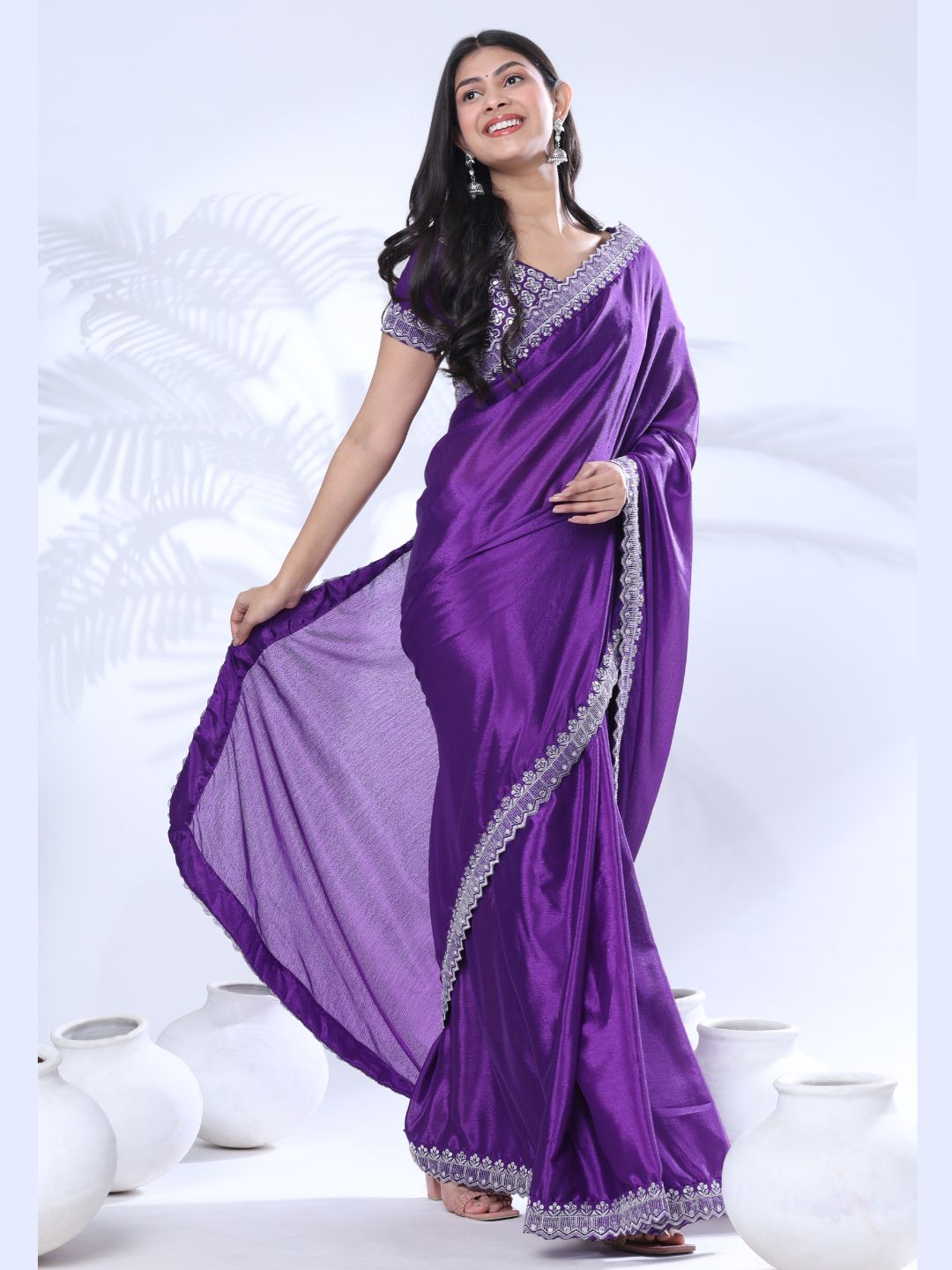 Chinon Embroidery Sequence Lace Border Saree
