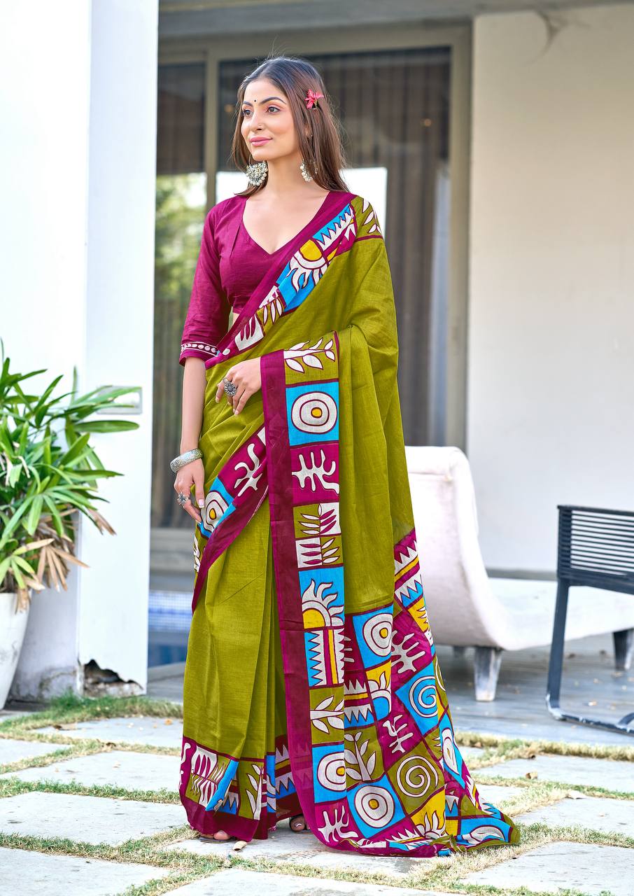 Block Pattern Printed Mulmul Cotton Saree