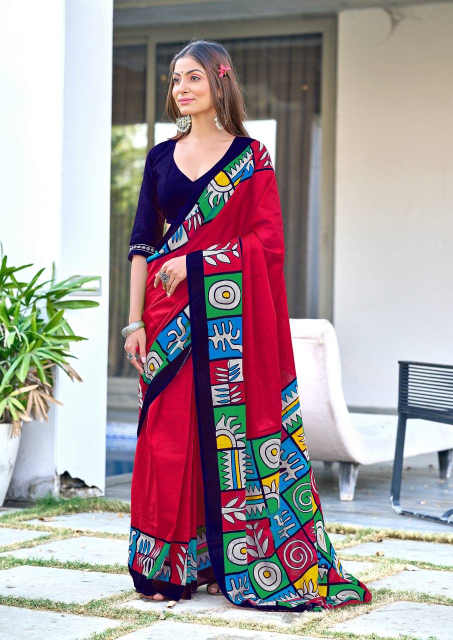 Block Pattern Printed Mulmul Cotton Saree