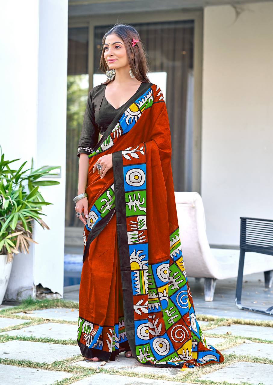 Block Pattern Printed Mulmul Cotton Saree