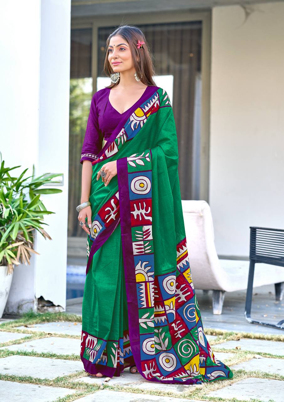 Block Pattern Printed Mulmul Cotton Saree