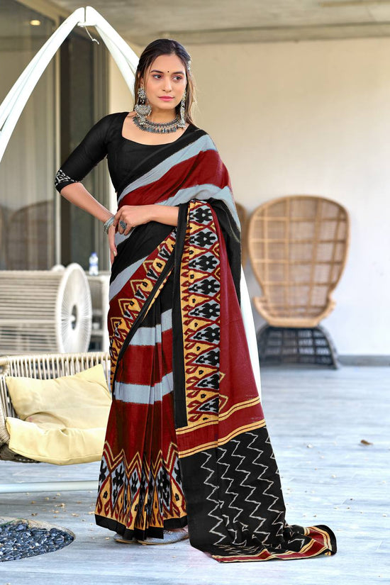 Mulmul Cotton Ikkat Hand Block Print Saree
