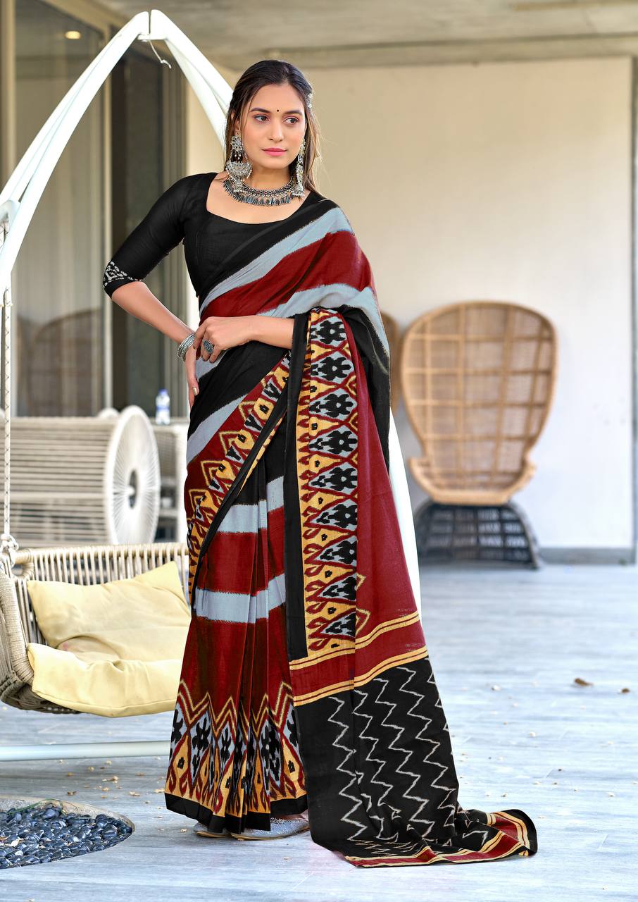 Mulmul Cotton Ikkat Hand Block Print Saree