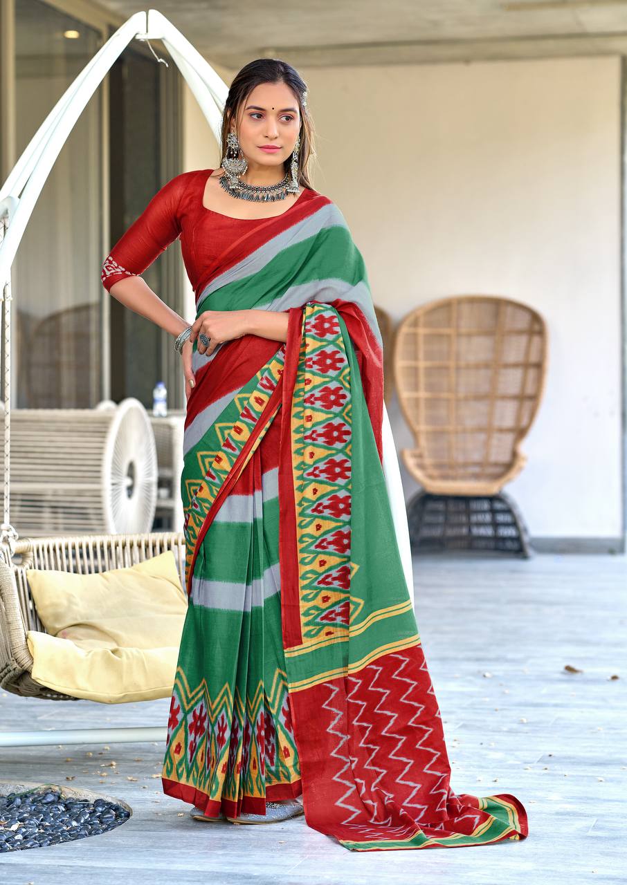 Mulmul Cotton Ikkat Hand Block Print Saree