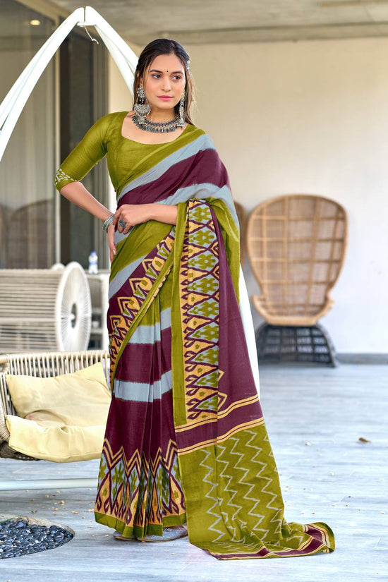 Mulmul Cotton Ikkat Hand Block Print Saree