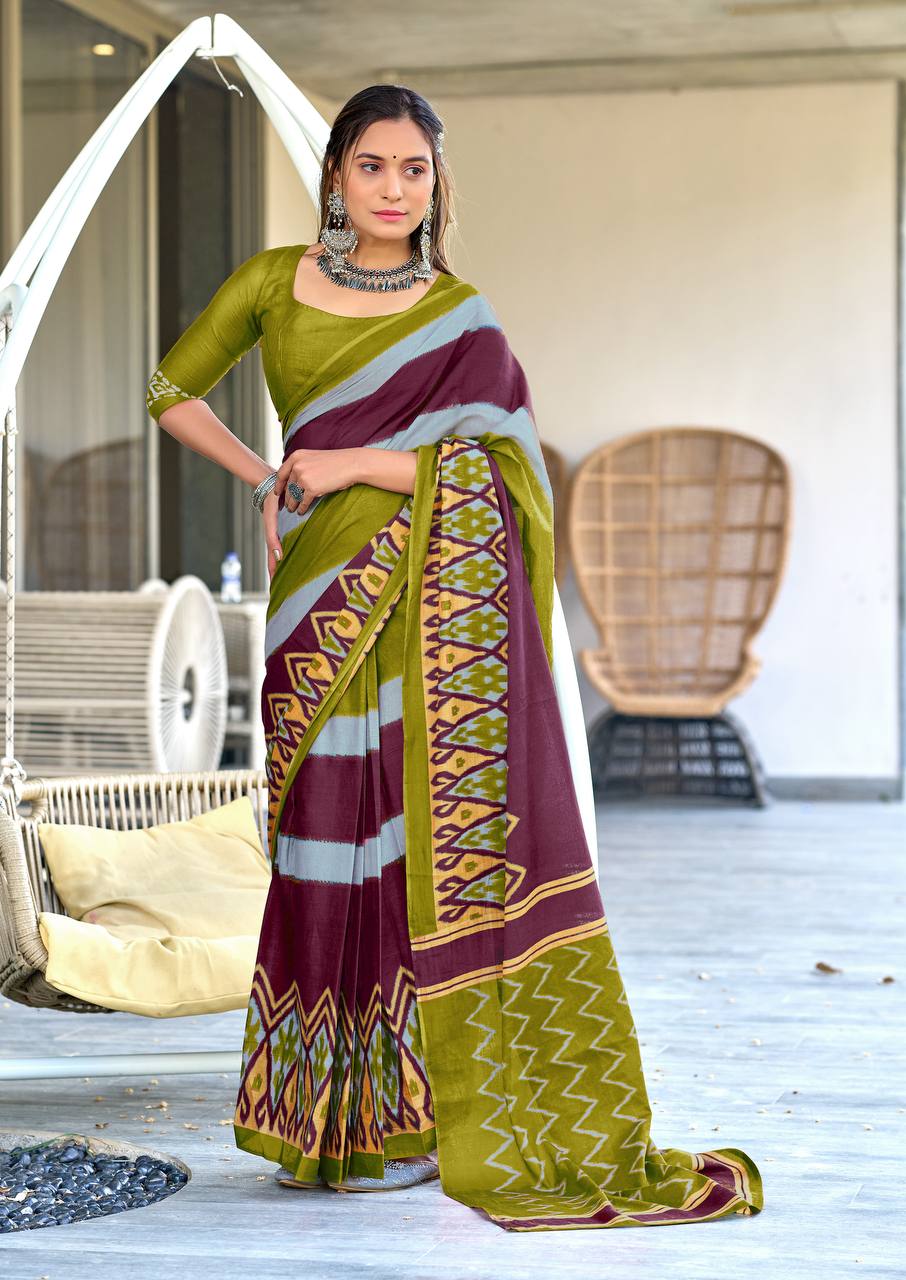 Mulmul Cotton Ikkat Hand Block Print Saree