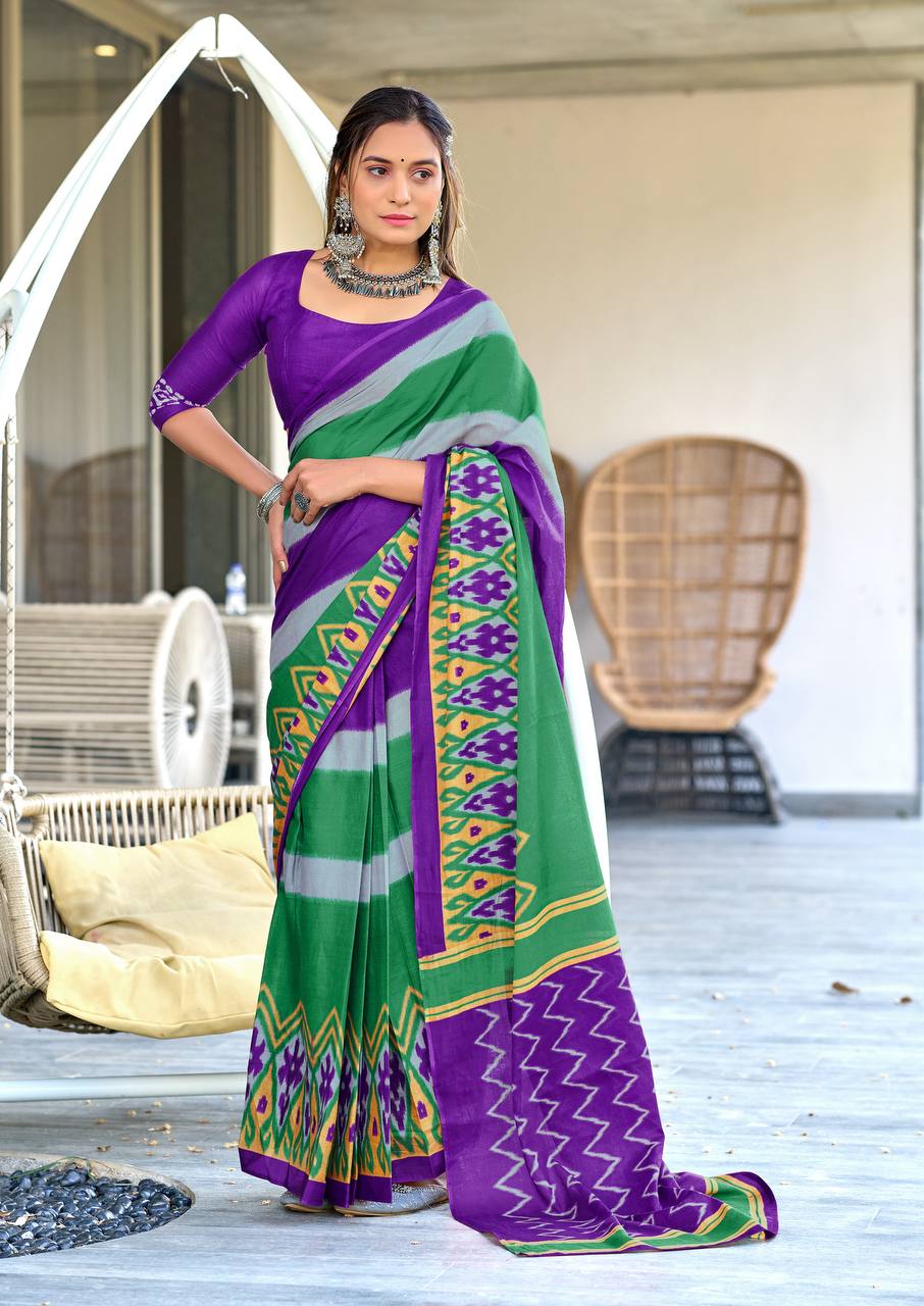 Mulmul Cotton Ikkat Hand Block Print Saree