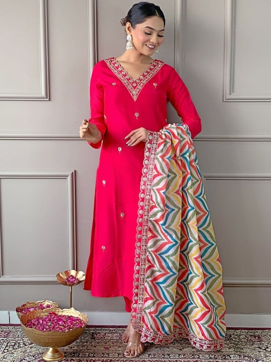 Roman Silk  Embroidered Kurta With Pant Dupatta Set