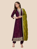 Wine Vichitra Silk Embroidered Anarkali Kurta Set - Pionex Fab
