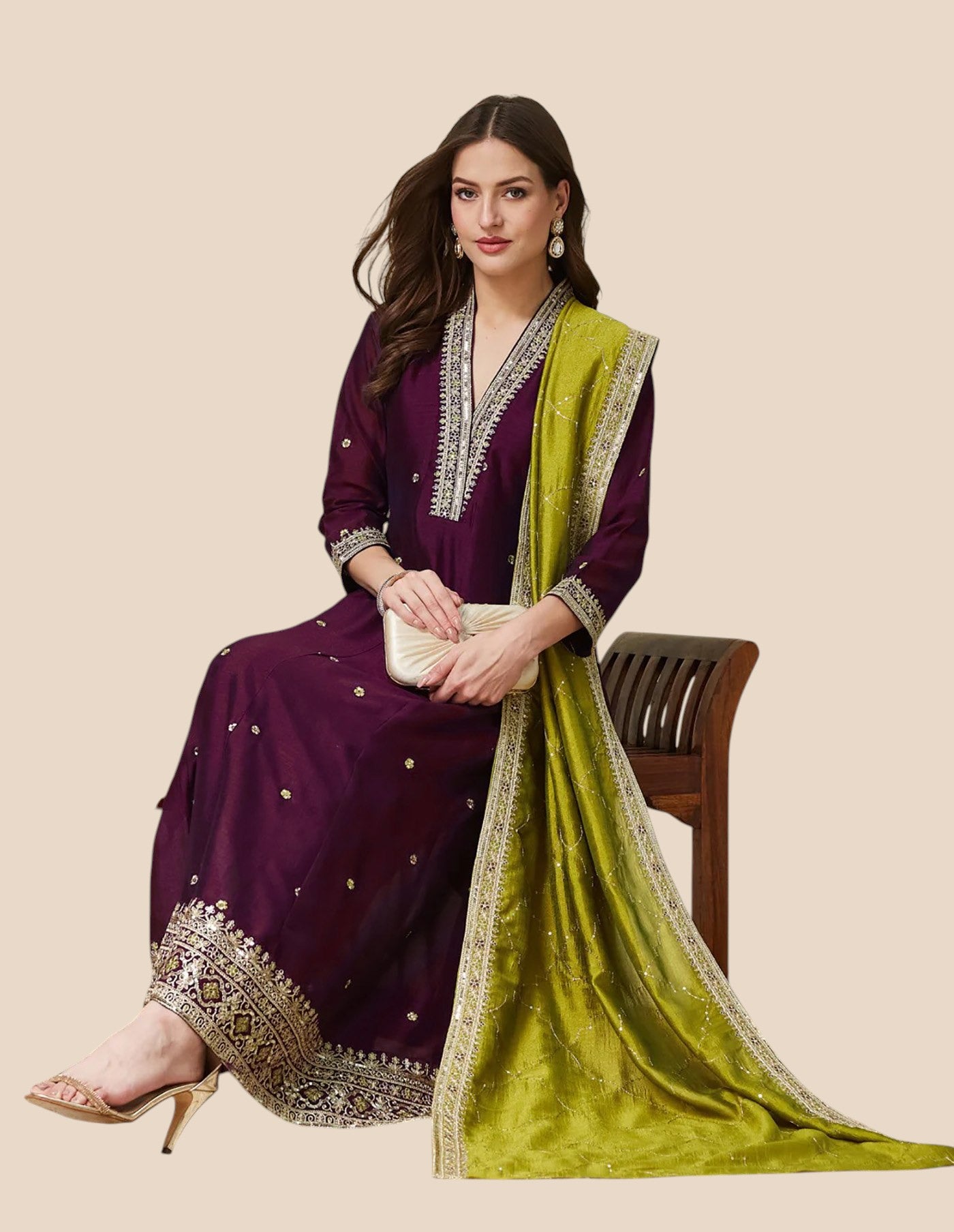 Wine Vichitra Silk Embroidered Anarkali Kurta Set