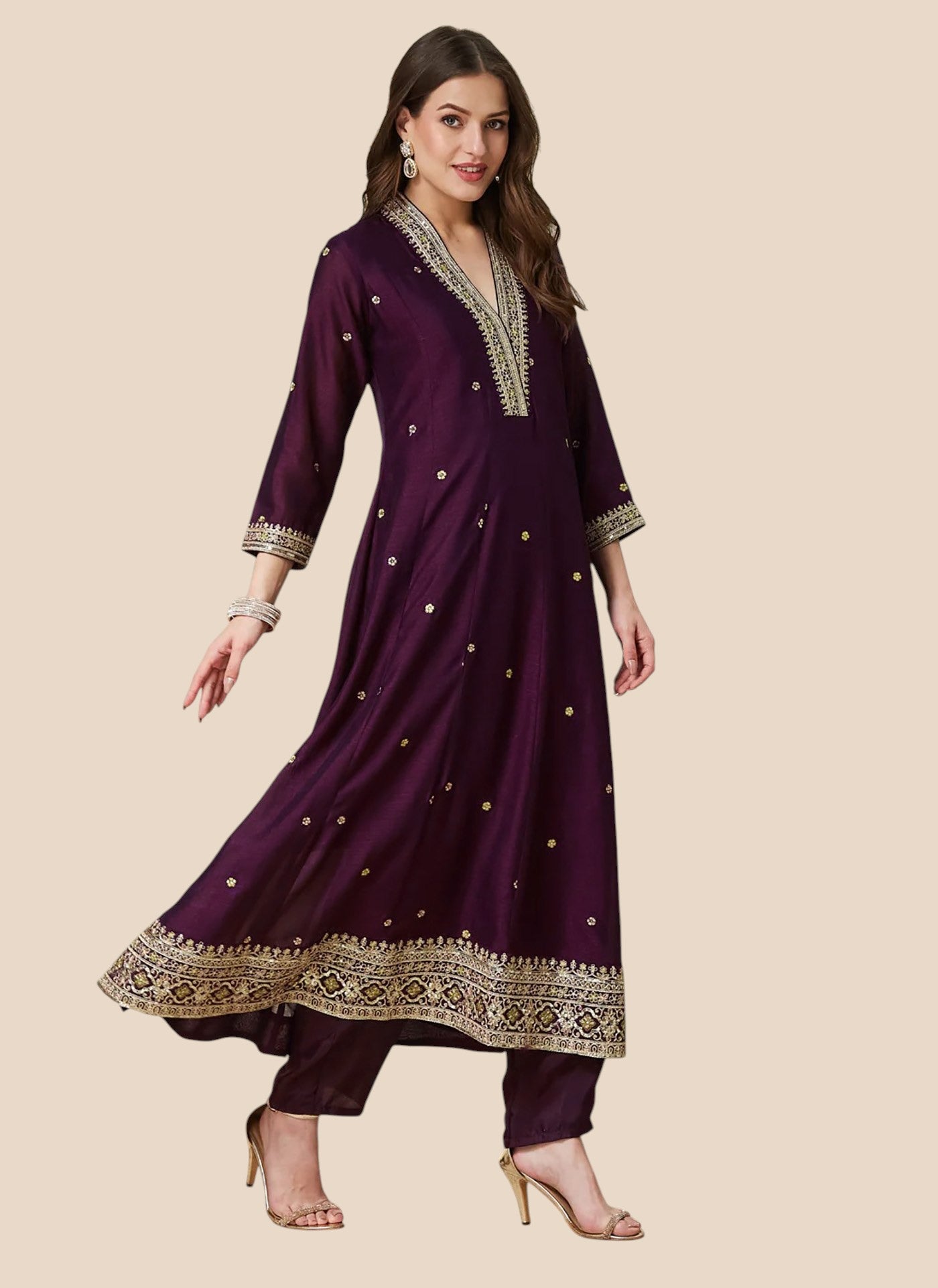 Wine Vichitra Silk Embroidered Anarkali Kurta Set