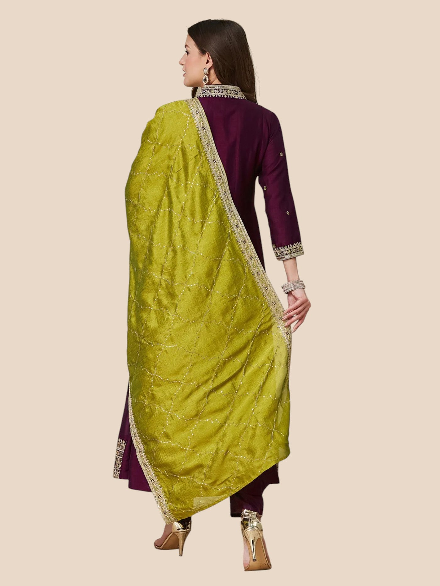 Wine Vichitra Silk Embroidered Anarkali Kurta Set