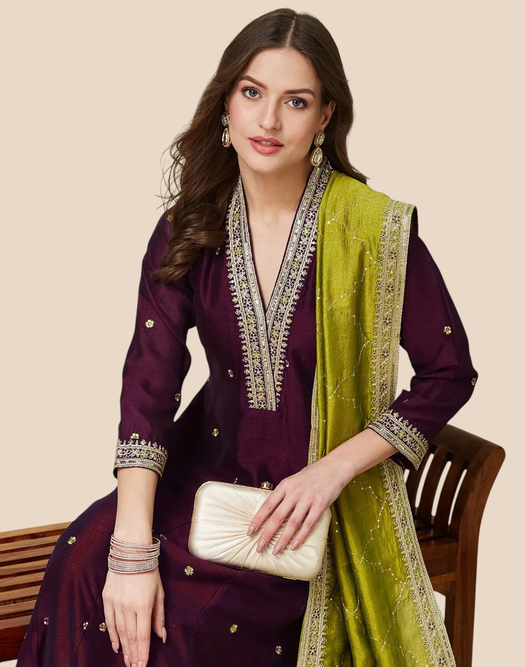 Wine Vichitra Silk Embroidered Anarkali Kurta Set