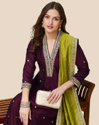 Wine Vichitra Silk Embroidered Anarkali Kurta Set