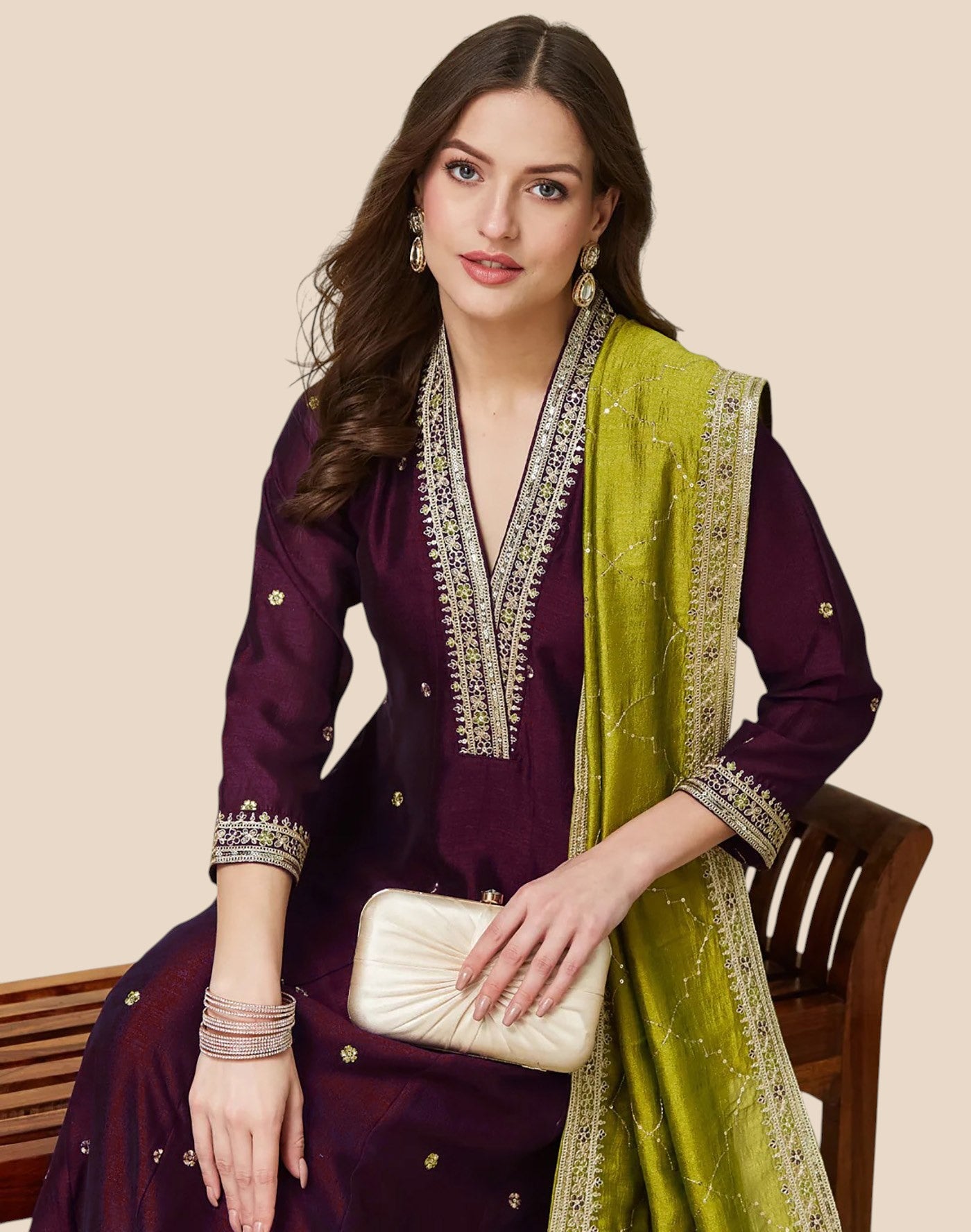 Wine Vichitra Silk Embroidered Anarkali Kurta Set