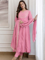 Embroidery Vichitra Silk Anarkali Kurta Pant Set With Dupatta