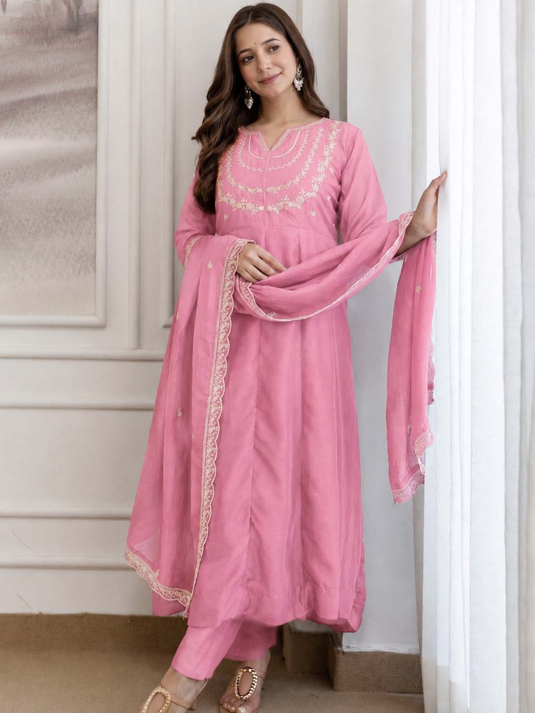 Embroidery Vichitra Silk Anarkali Kurta Pant Set With Dupatta