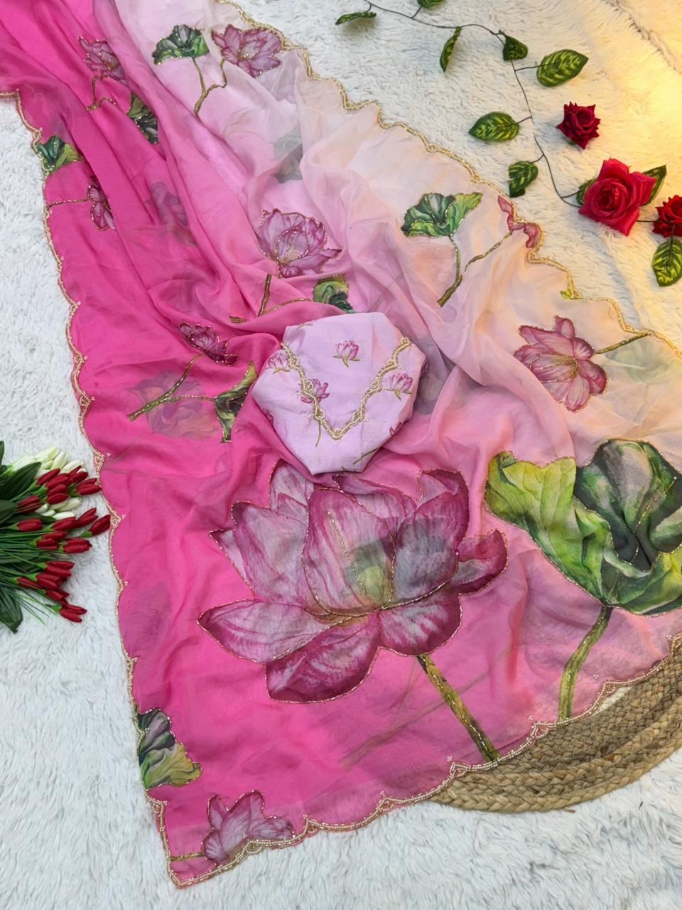 Celebrity Style Tabi Organza Saree with Padded Florals and Cut Dana Hand Work