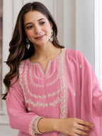 Embroidery Vichitra Silk Anarkali Kurta Pant Set With Dupatta