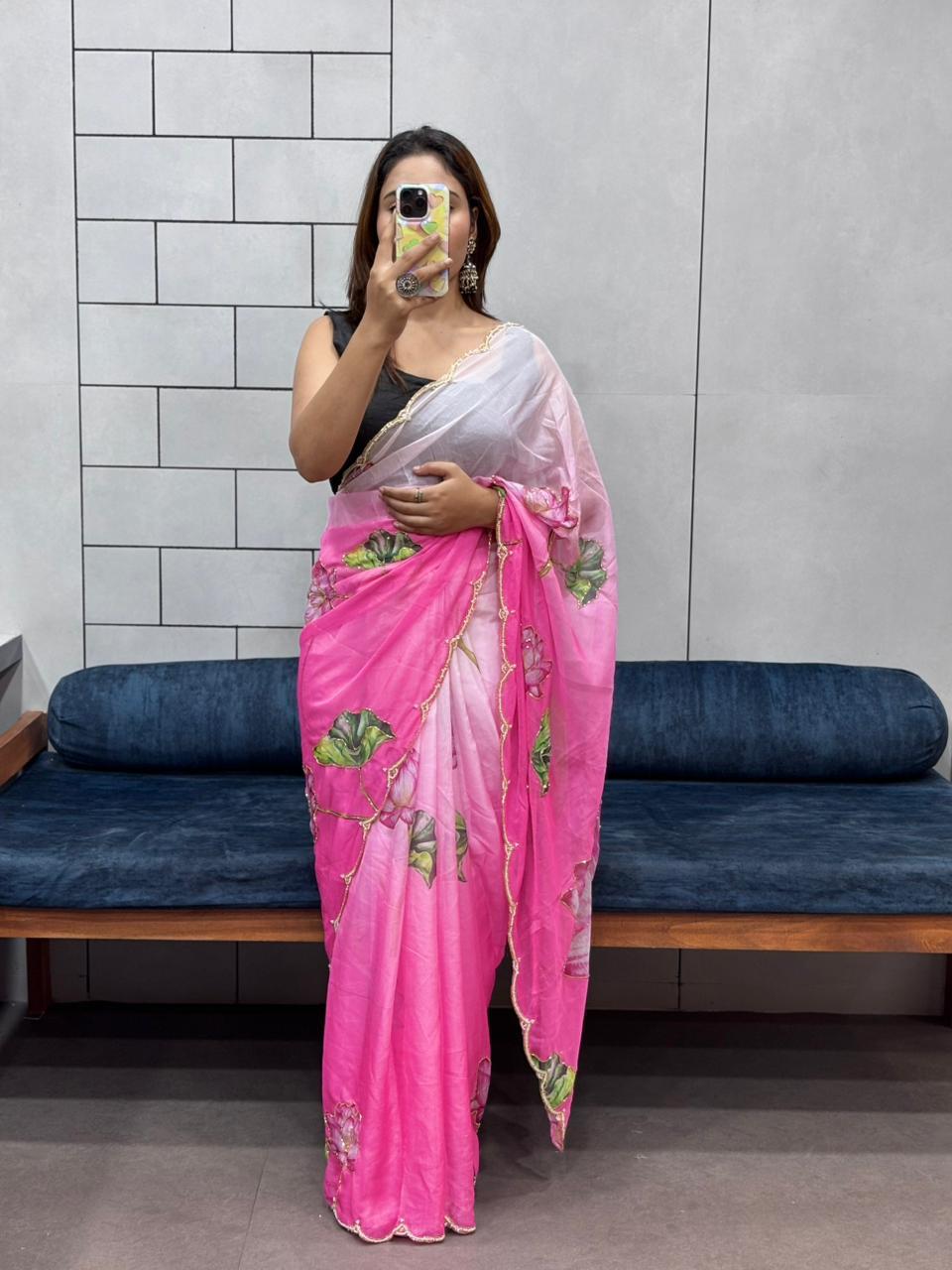 Celebrity Style Tabi Organza Saree with Padded Florals and Cut Dana Hand Work