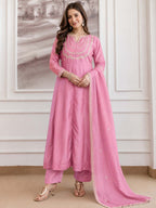Embroidery Vichitra Silk Anarkali Kurta Pant Set With Dupatta