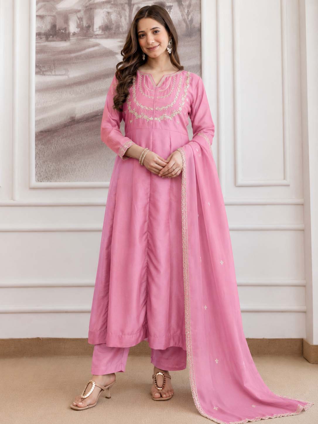 Embroidery Vichitra Silk Anarkali Kurta Pant Set With Dupatta