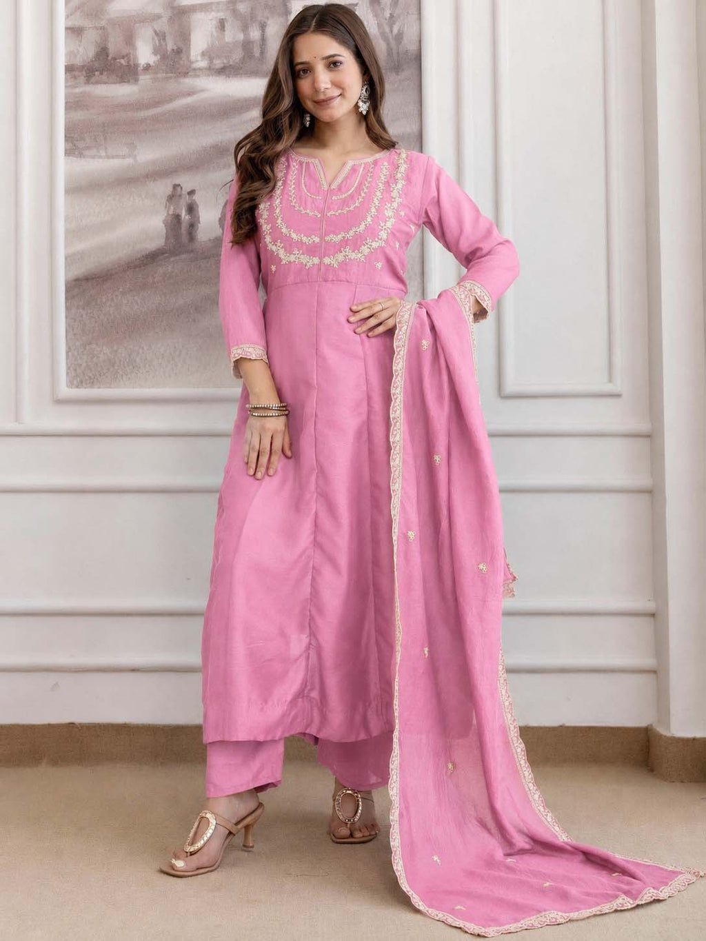 Embroidery Vichitra Silk Anarkali Kurta Pant Set With Dupatta
