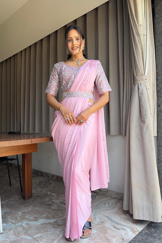 Ready To Wear Chinon Embroidery Work Saree With Stitched Blouse