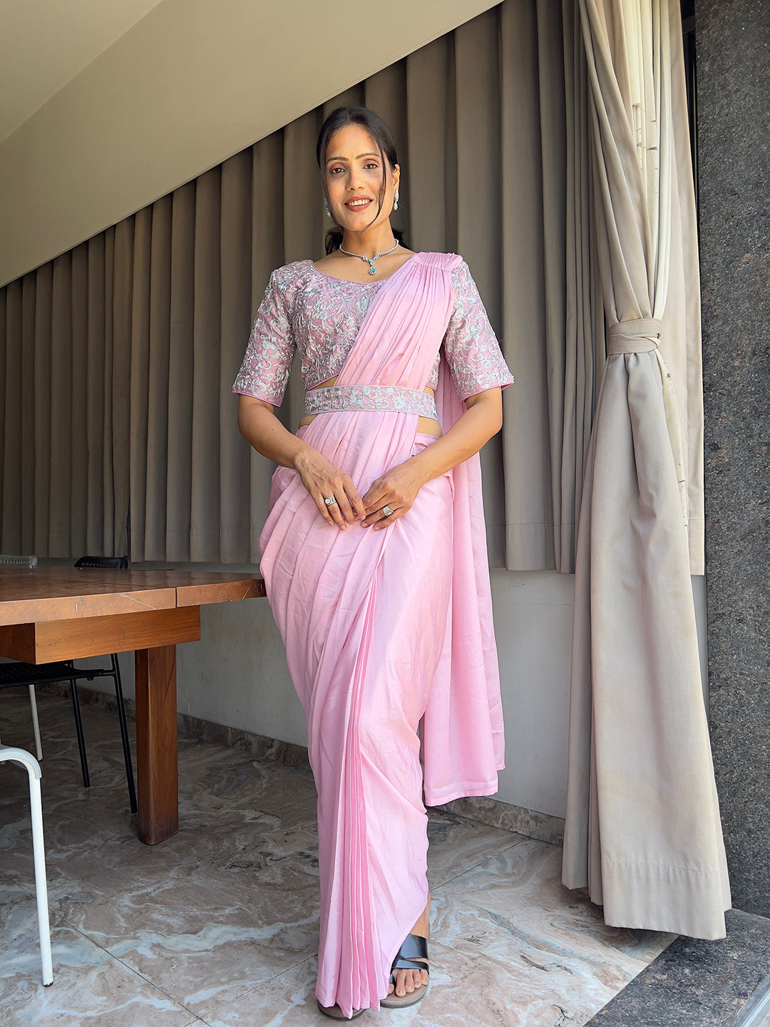 Ready To Wear Chinon Embroidery Work Saree With Stitched Blouse