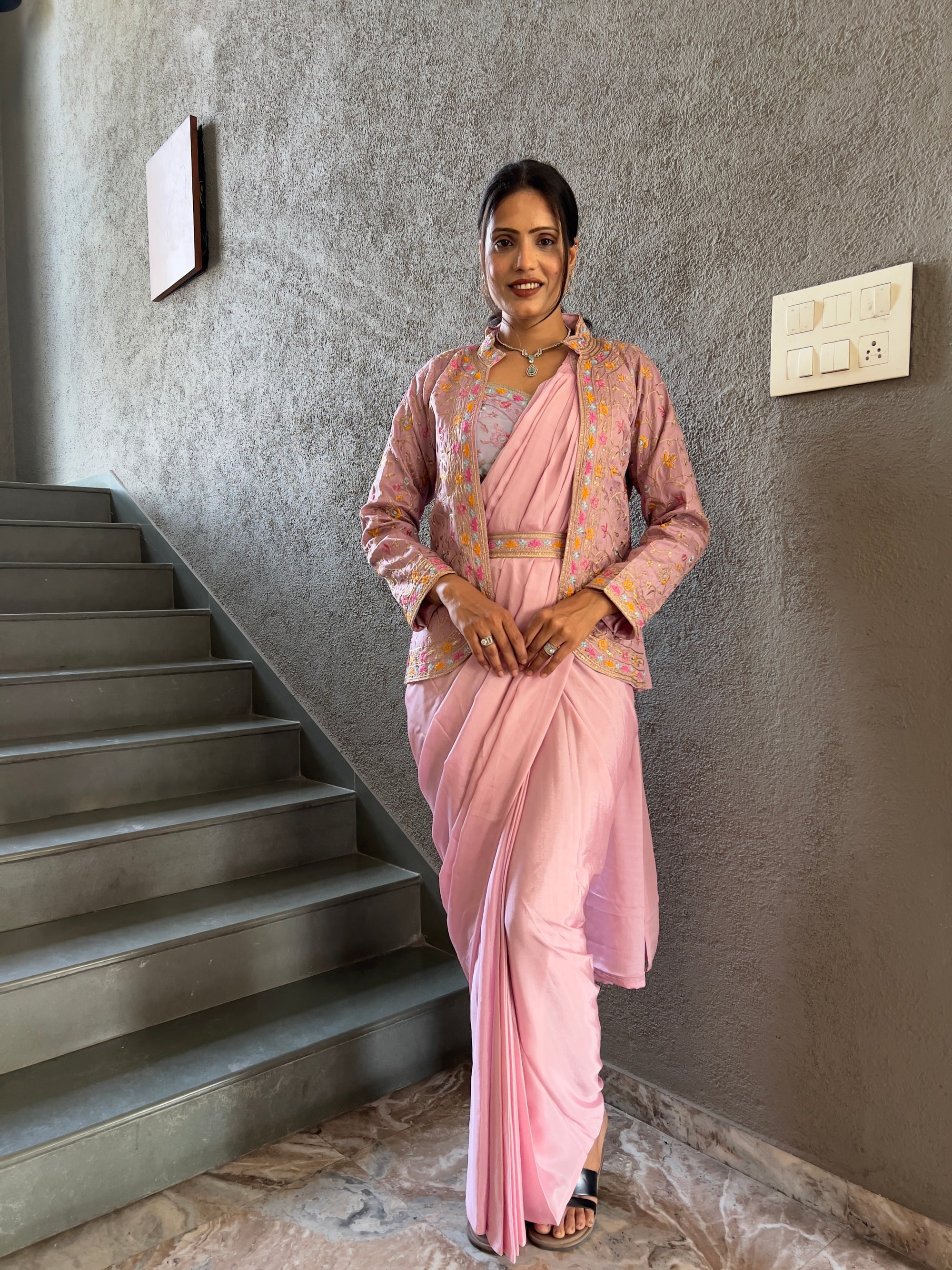 Heavy Chinon Jacket Saree With Blouse and Cording Embroidered Work