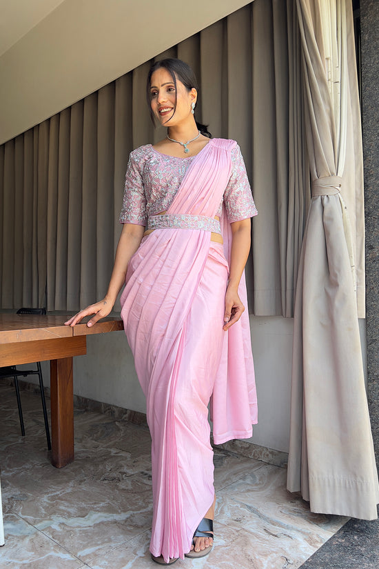 Ready To Wear Chinon Embroidery Work Saree With Stitched Blouse