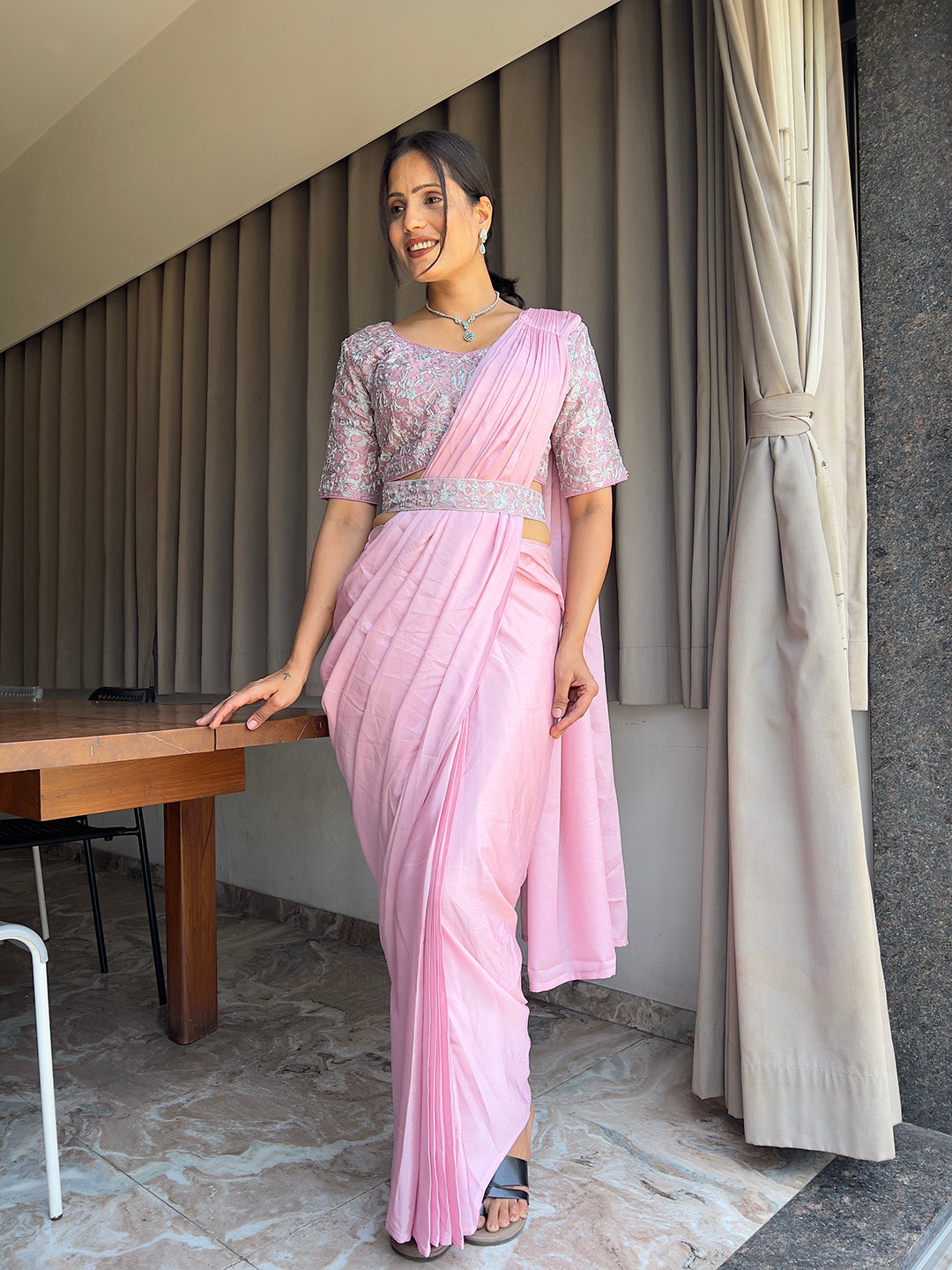 Ready To Wear Chinon Embroidery Work Saree With Stitched Blouse