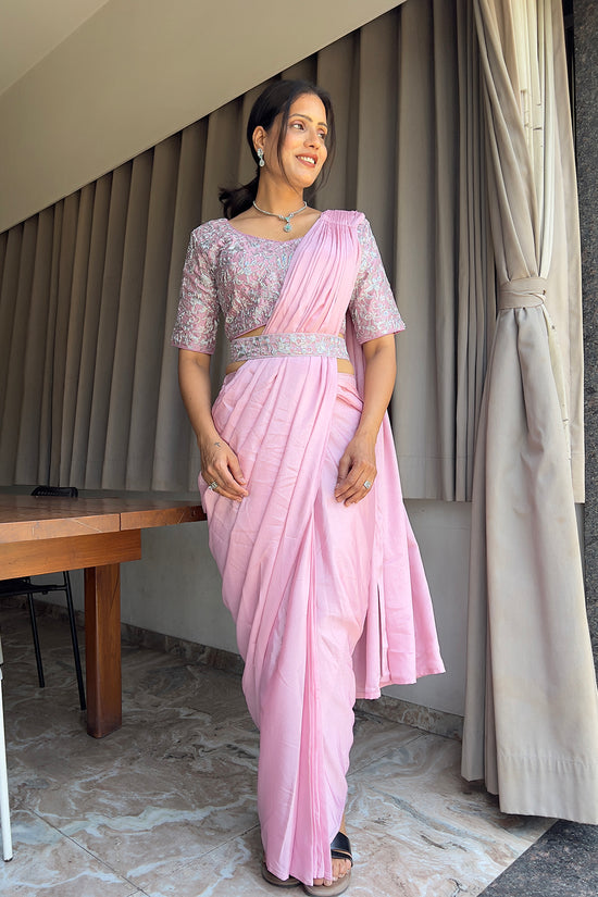 Ready To Wear Chinon Embroidery Work Saree With Stitched Blouse