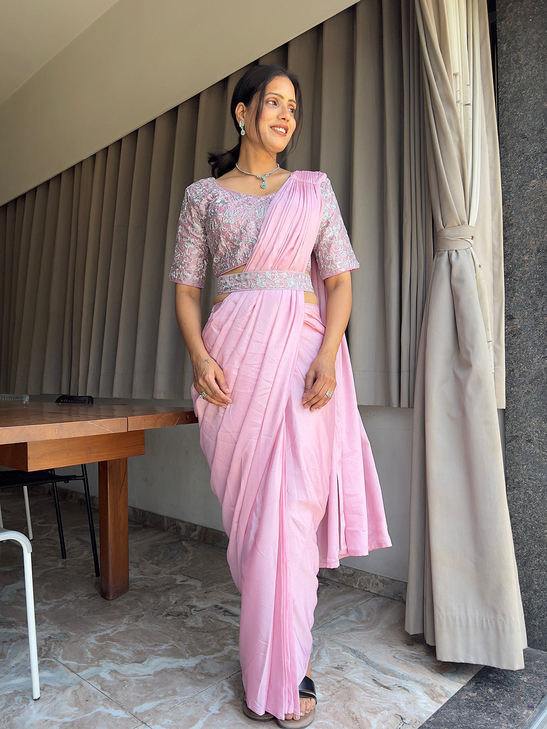 Ready To Wear Chinon Embroidery Work Saree With Stitched Blouse