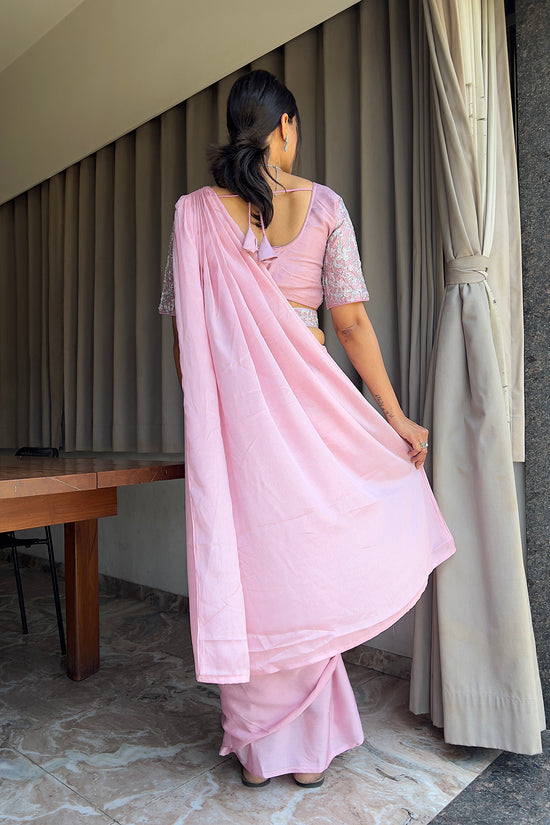 Ready To Wear Chinon Embroidery Work Saree With Stitched Blouse