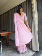 Ready To Wear Chinon Embroidery Work Saree With Stitched Blouse