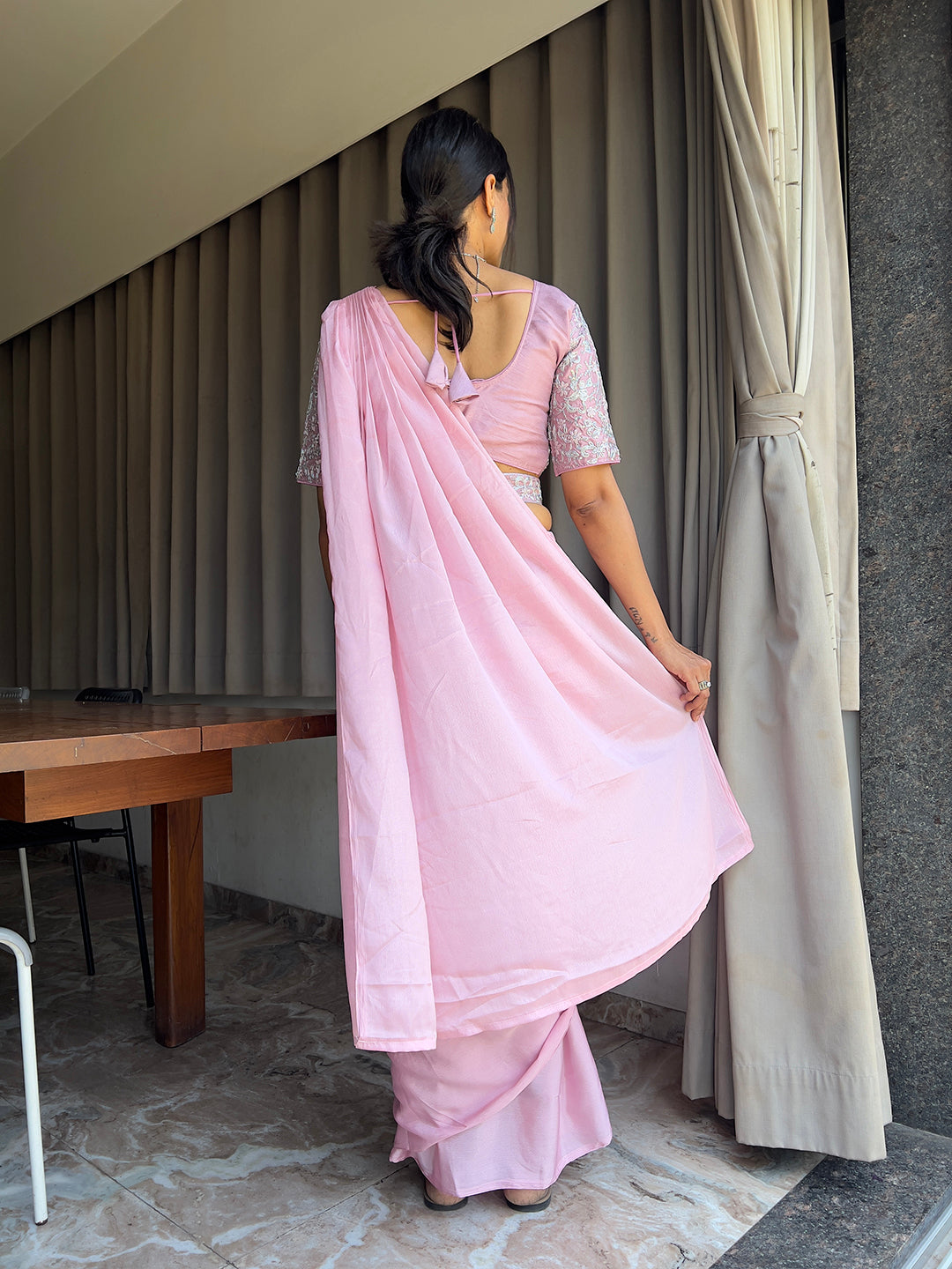 Ready To Wear Chinon Embroidery Work Saree With Stitched Blouse