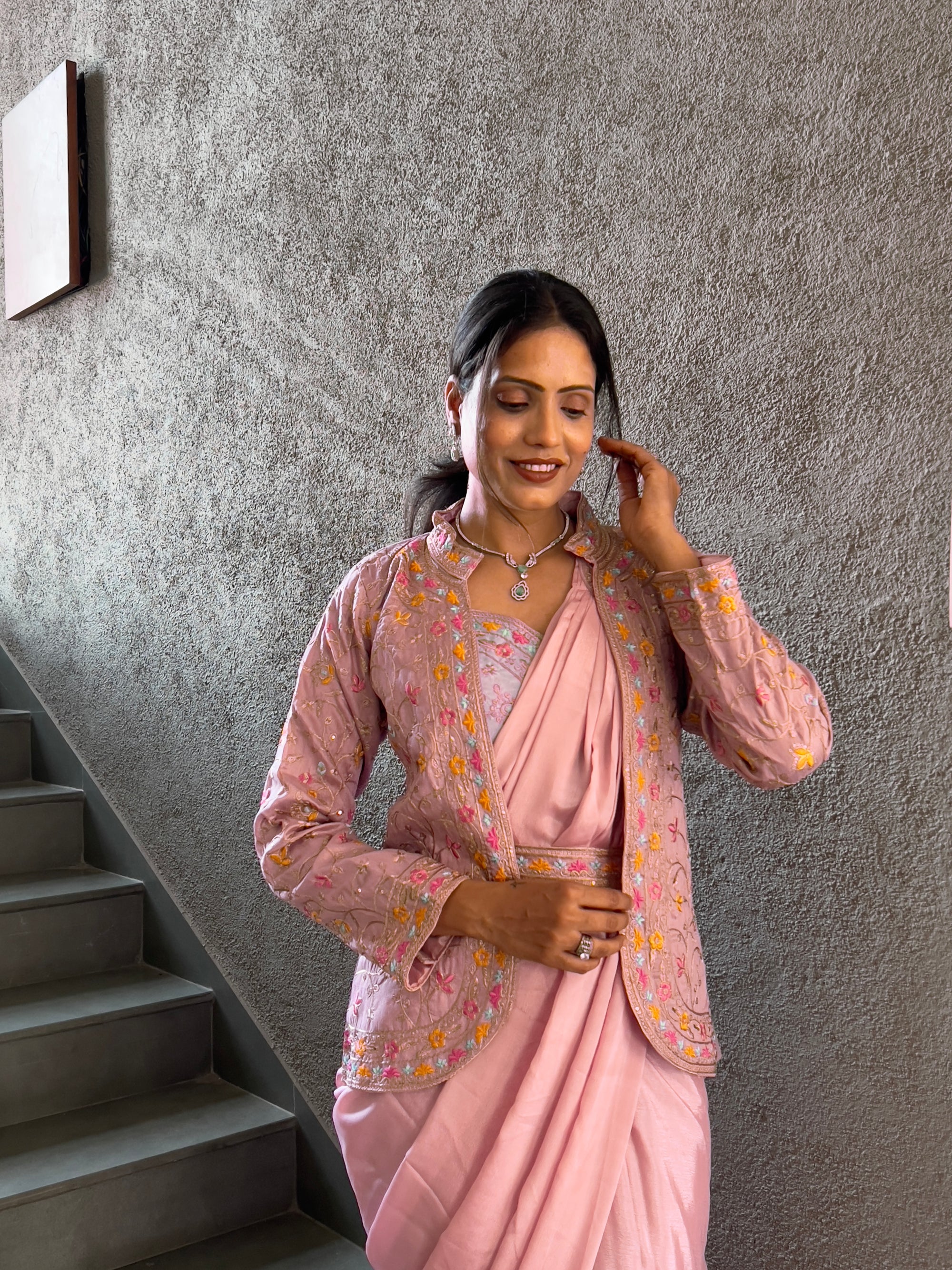 Heavy Chinon Jacket Saree With Blouse and Cording Embroidered Work