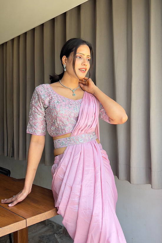 Ready To Wear Chinon Embroidery Work Saree With Stitched Blouse
