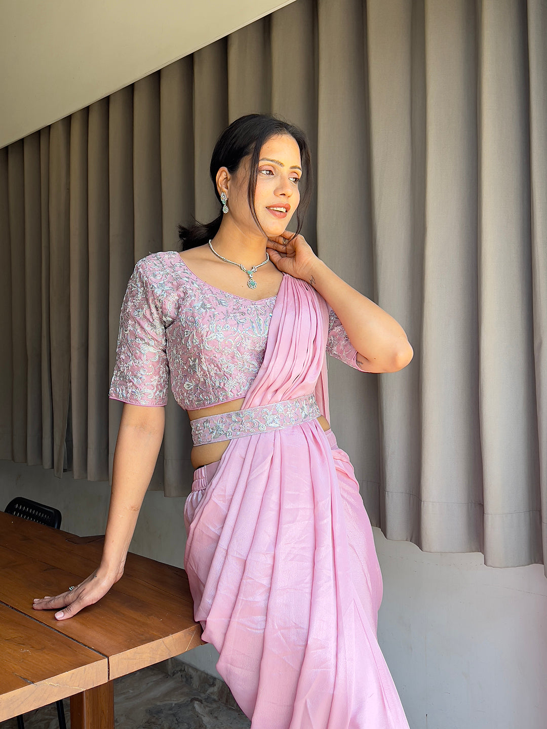 Ready To Wear Chinon Embroidery Work Saree With Stitched Blouse