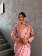 Heavy Chinon Jacket Saree With Blouse and Cording Embroidered Work
