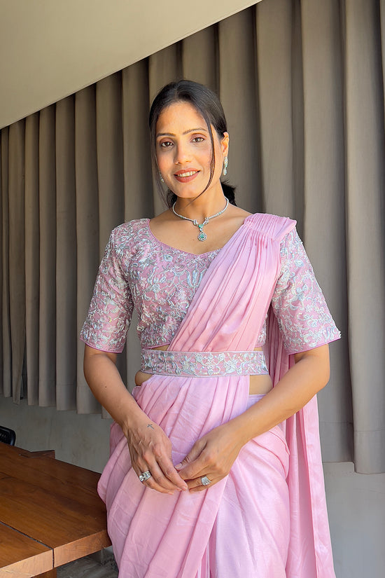 Ready To Wear Chinon Embroidery Work Saree With Stitched Blouse